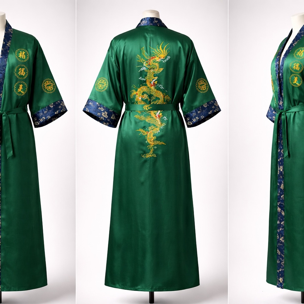 福 禄 寿 (Fú Lù Shòu) Embroidered Green Silk & Satin Dragon Robe
